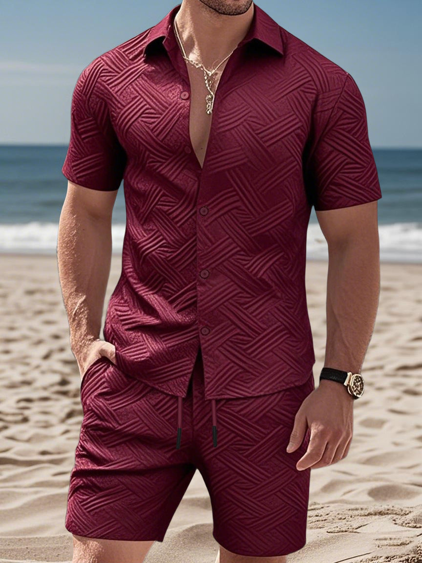 Men's embossed beach ensemble with open short sleeve shirt and cord Bermuda Mune Fashion