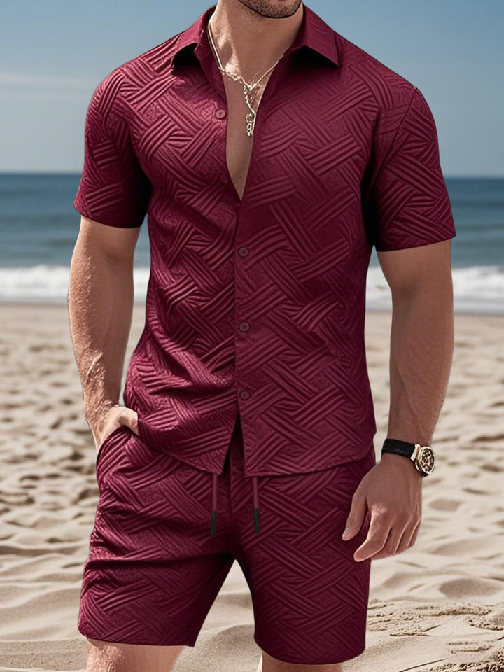 Men's embossed beach ensemble with open short sleeve shirt and cord Bermuda Mune Fashion