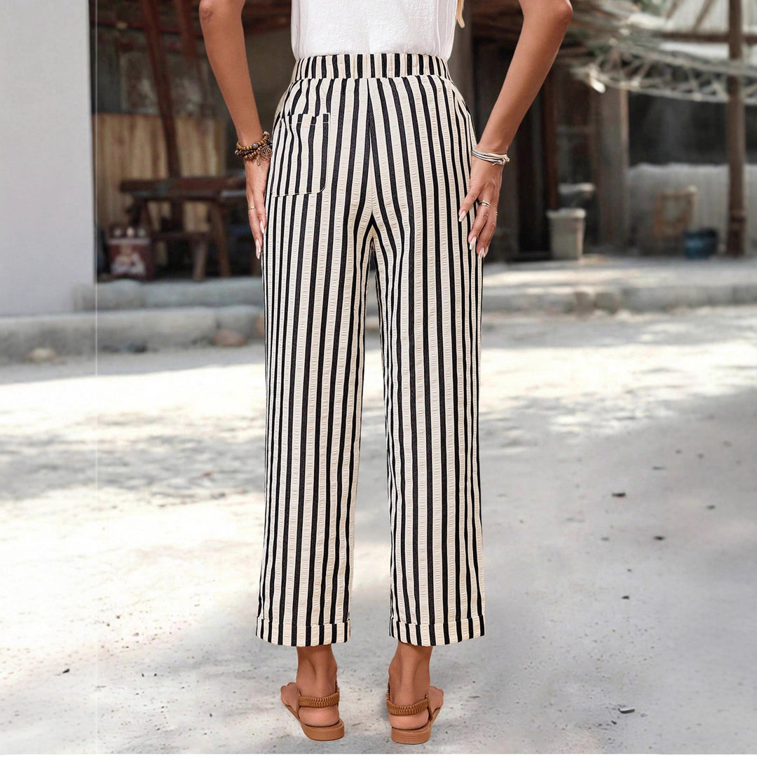 Women's Lightweight High-Waisted Striped Pants with Elastic Waistband, Drawstring, and Side Pockets