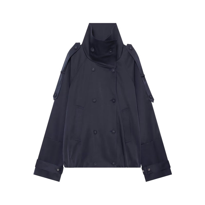 Women's Short Cut Double Breasted Trench Coat with High Stand Collar and Cape Sleeves Mune Fashion