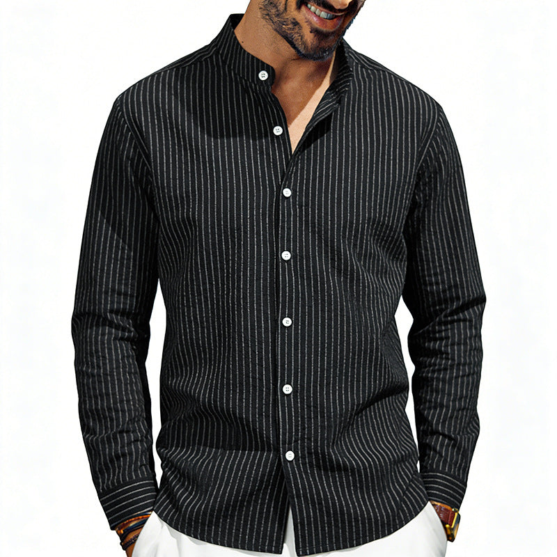 Men's striped stand-up collar shirt made of linen-cotton blend with button placket Mune Fashion