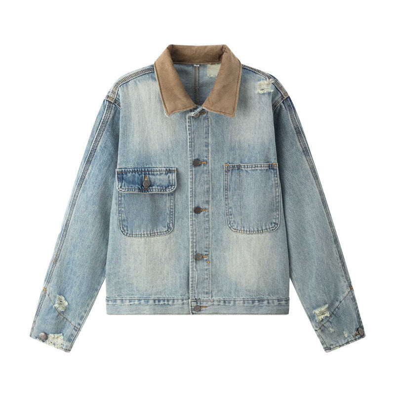 Unisex Boxy Denim jacket in Worker look with cord collar, used effect and large breast pockets Mune Fashion