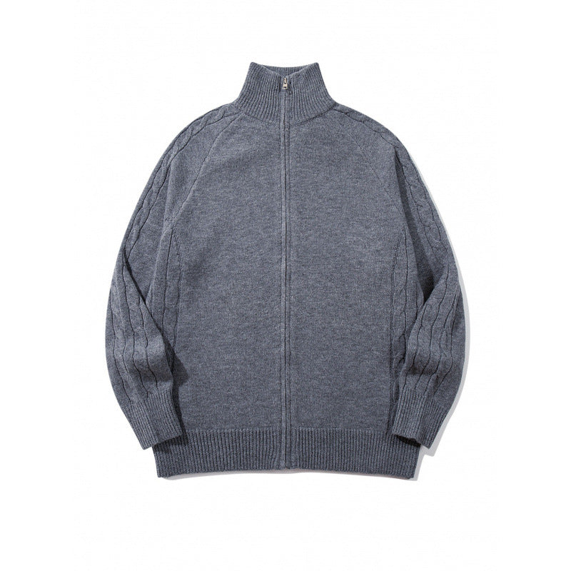 Unisex Boxy Zip Cardigan with Stand-up Collar, Cable Knit Sleeves and Ribbed Hems Mune Fashion