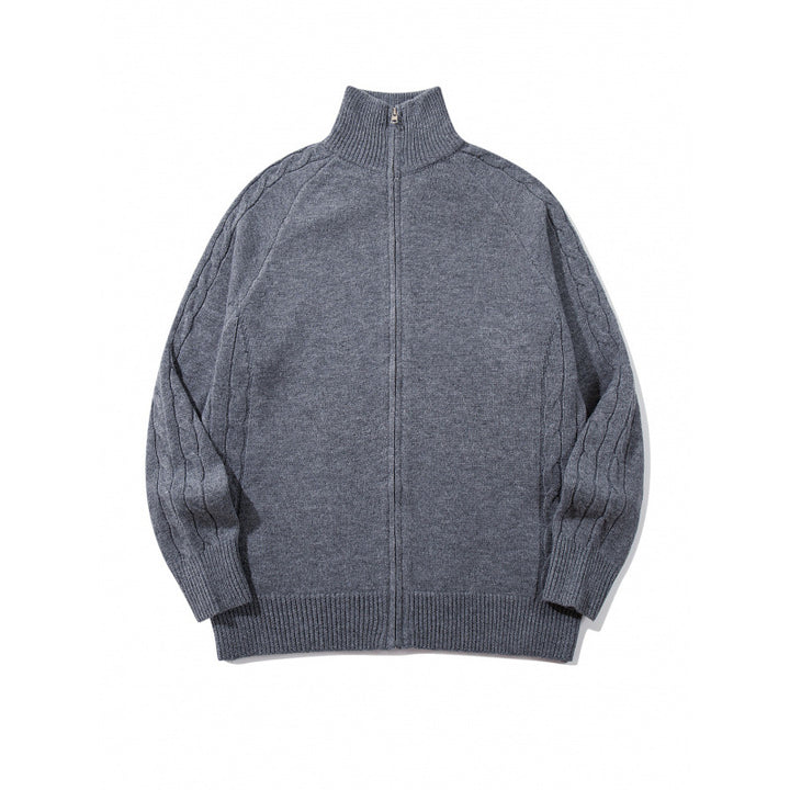 Unisex Boxy Zip Cardigan with Stand-up Collar, Cable Knit Sleeves and Ribbed Hems Mune Fashion