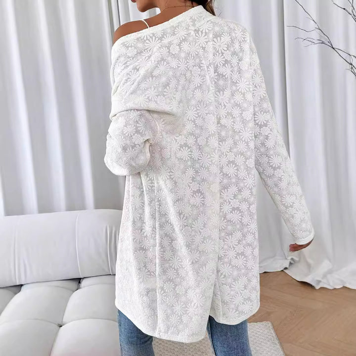 Women's fine embroidered long cardigan made of semi-transparent lace with floral textured relief Mune Fashion