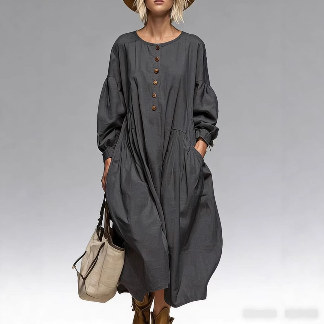 Women's Casual Midi Dress with Button Placket, Balloon Sleeves and Side Pockets Mune Fashion
