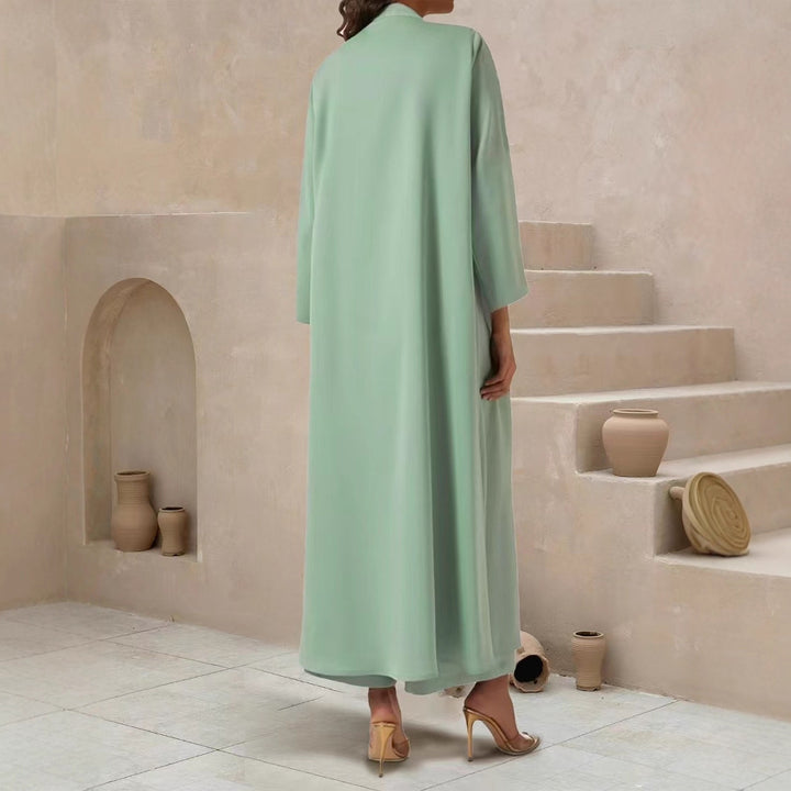 Women Flowing Maxi Kaftan Coat with Open Front and Minimalist Stand Collar Drune