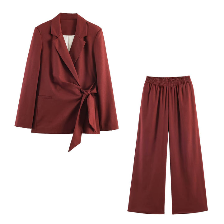 Women Two-Piece Suit Set Wrap Blazer with Tie Belt and Palazzo Pants Mune Fashion