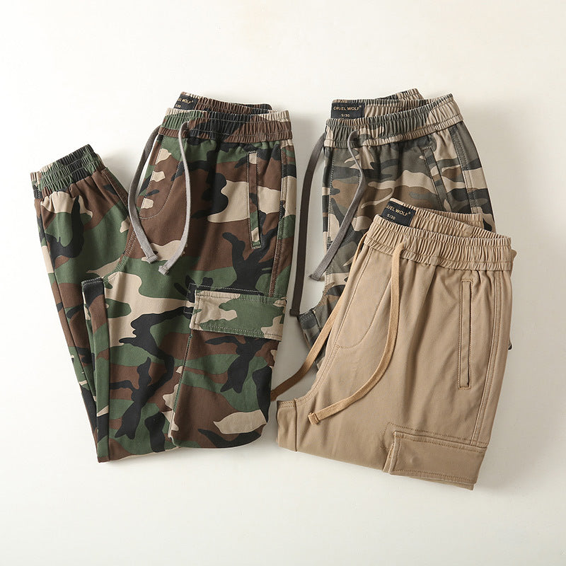 Men's Slim-Fit Cargo Pants in Camouflage Pattern with Elastic Drawstring Waistband and Reinforced Knees Mune Fashion