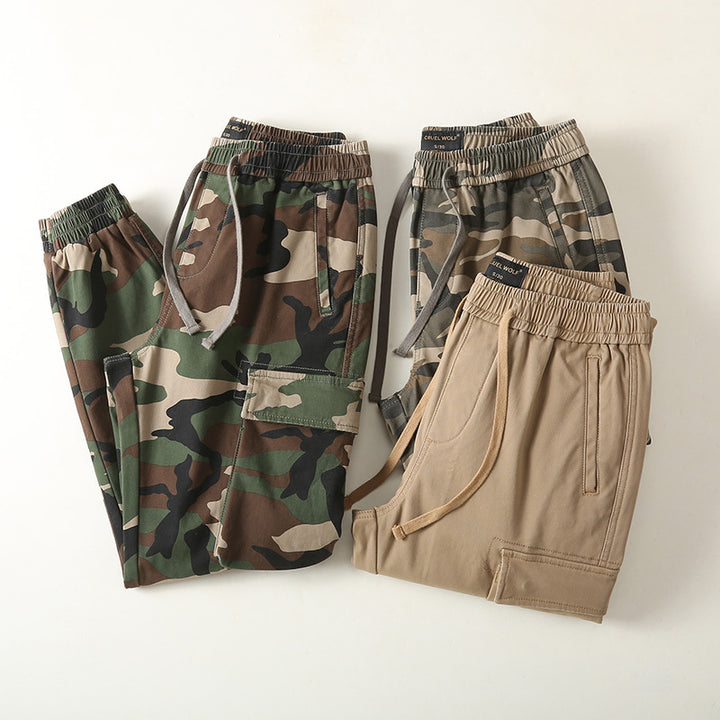 Men's Slim-Fit Cargo Pants in Camouflage Pattern with Elastic Drawstring Waistband and Reinforced Knees Mune Fashion
