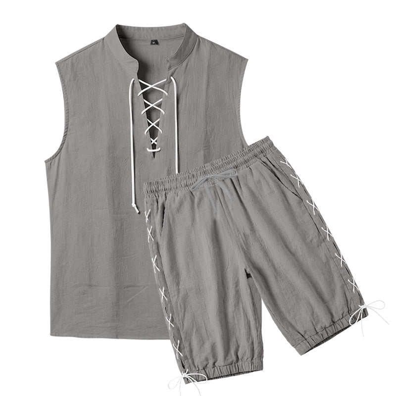 Men's sleeveless leisure set with lace collar and drawstring Bermuda Mune Fashion