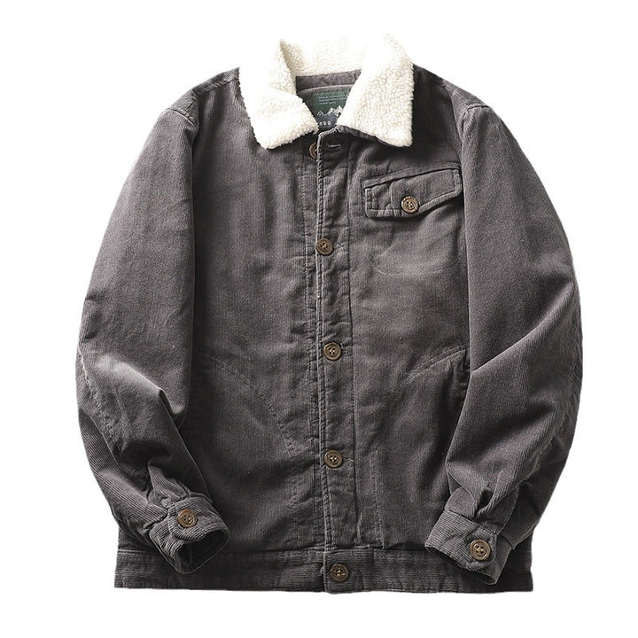 Men's non-padded cord jacket with teddy collar, button placket and patch pockets.