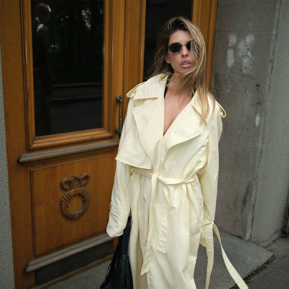 Women's Lightweight Long Trench Coat with Oversized Silhouette, Wide Shawl Collar and Extended Sleeves Mune Fashion