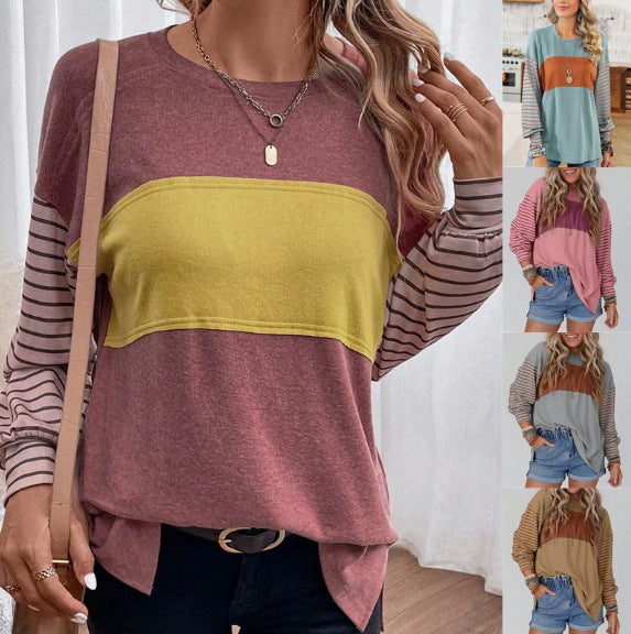 Women's Oversize Long Sleeve with Color Block, Striped Sleeves and Round Neck Mune Fashion