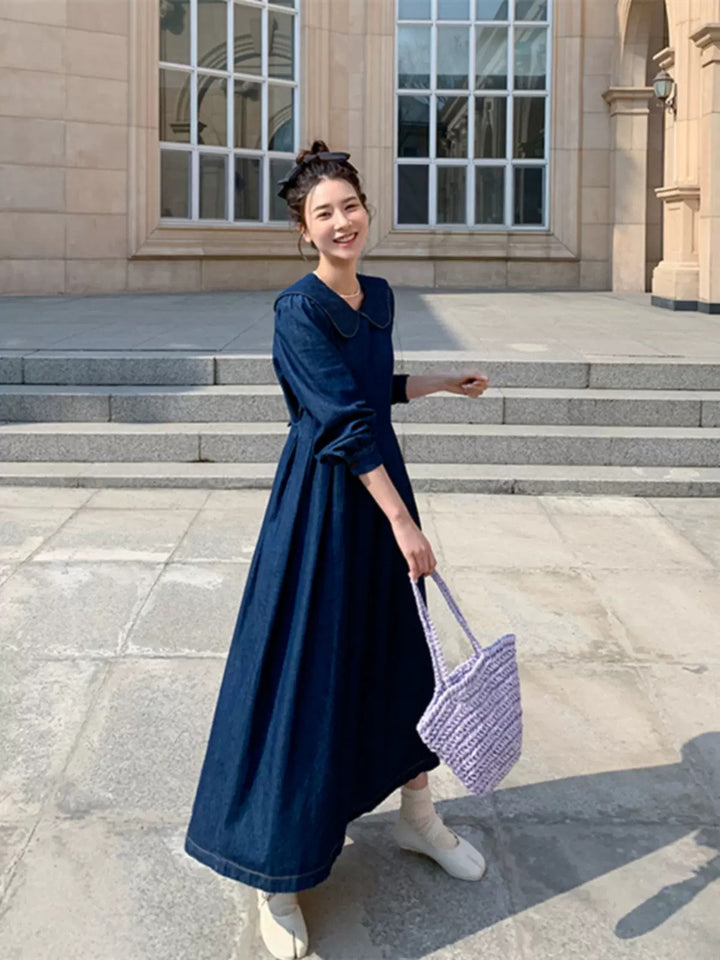 Women's Long Chambray Midaxi Shirt Dress with Ruffled Waist Yoke and Wide Skirt Pleats Mune Fashion