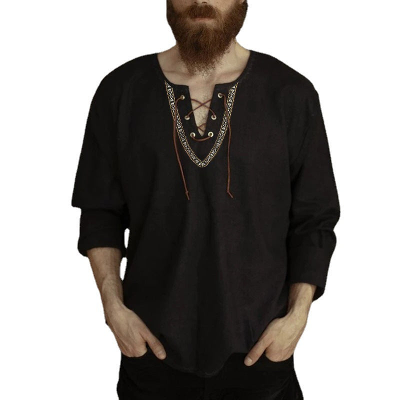 Men's linen tunic shirt with lacing and ethnic border Mune Fashion