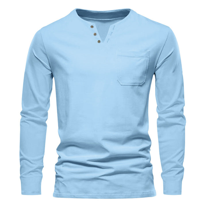 Men's modern Henley long sleeve shirt with asymmetric button placket and chest pocket Mune Fashion