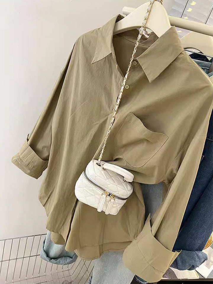 Women's oversized shirt blouse with chest pocket, turned-up sleeves and relaxed fit Mune Fashion