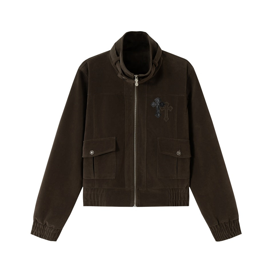 Men's short cut velour blouson jacket with funnel collar, patch pockets, and decorative cross application Mune Fashion