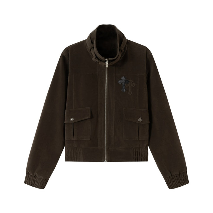 Men's short cut velour blouson jacket with funnel collar, patch pockets, and decorative cross application Mune Fashion