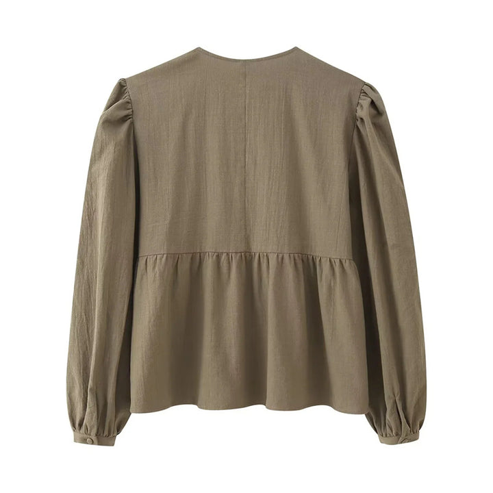 Women nan embroidered blouse with gathered waist, round neck and balloon sleeves Mune Fashion
