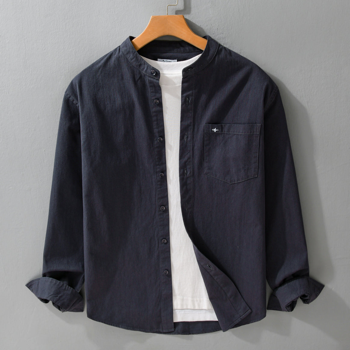Men's Lightweight Cotton Shirt with Stand Collar, Chest Pocket and Relaxed Fit Mune Fashion