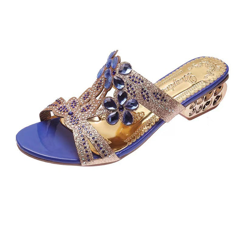 Women's nan embellished strappy sandals with mid-high geometric block heel and crystal flowers Mune Fashion