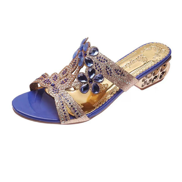 Women's nan embellished strappy sandals with mid-high geometric block heel and crystal flowers Mune Fashion