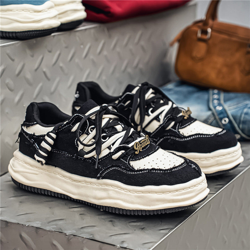 Women's denim platform sneaker with contrast stitching, padded wave sole and embellished lacing details Mune Fashion