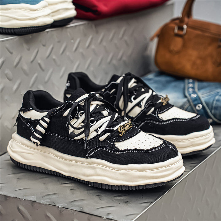 Women's denim platform sneaker with contrast stitching, padded wave sole and embellished lacing details Mune Fashion