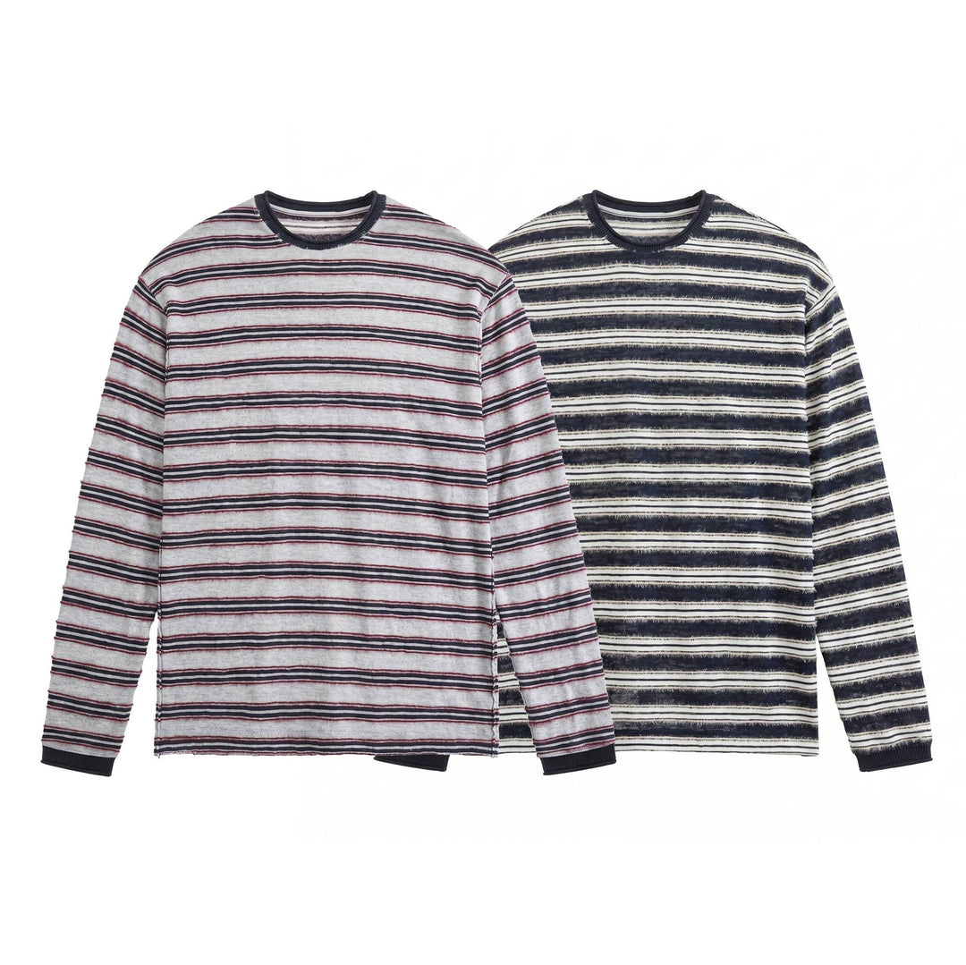 Unisex Long-sleeved fine knit shirt with striped structure and ribbed collar Mune Fashion