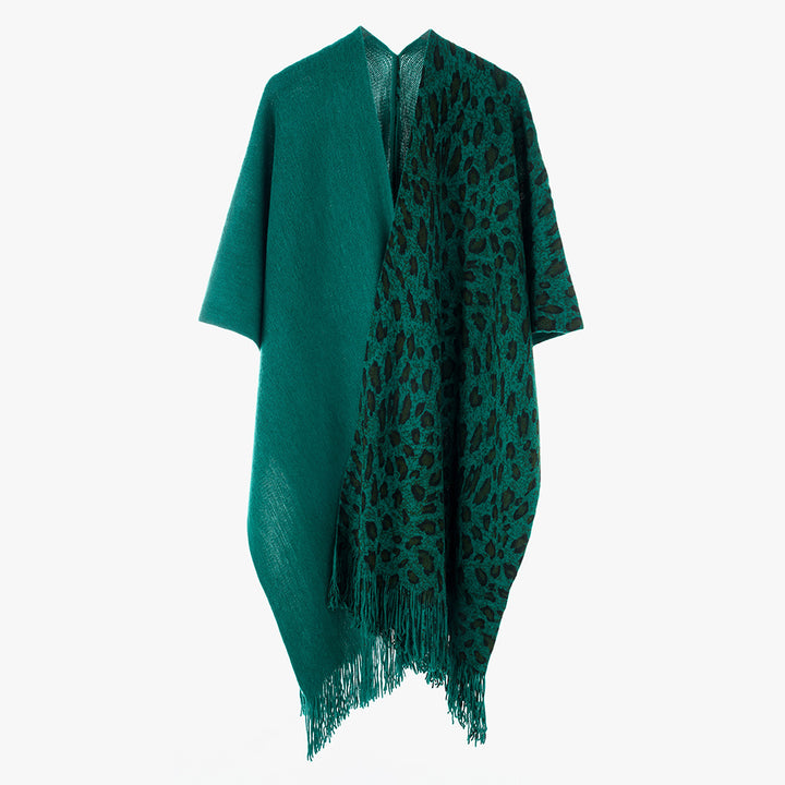 Women's Two-Tone Wool Blend Coat Poncho in Kimono Cut with Animal Jacquard and Fringe Hem Mune Fashion