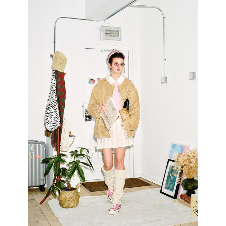 Women's short-cut suede-look blouson jacket with round neck, concealed button placket, and floral inner lining Mune Fashion