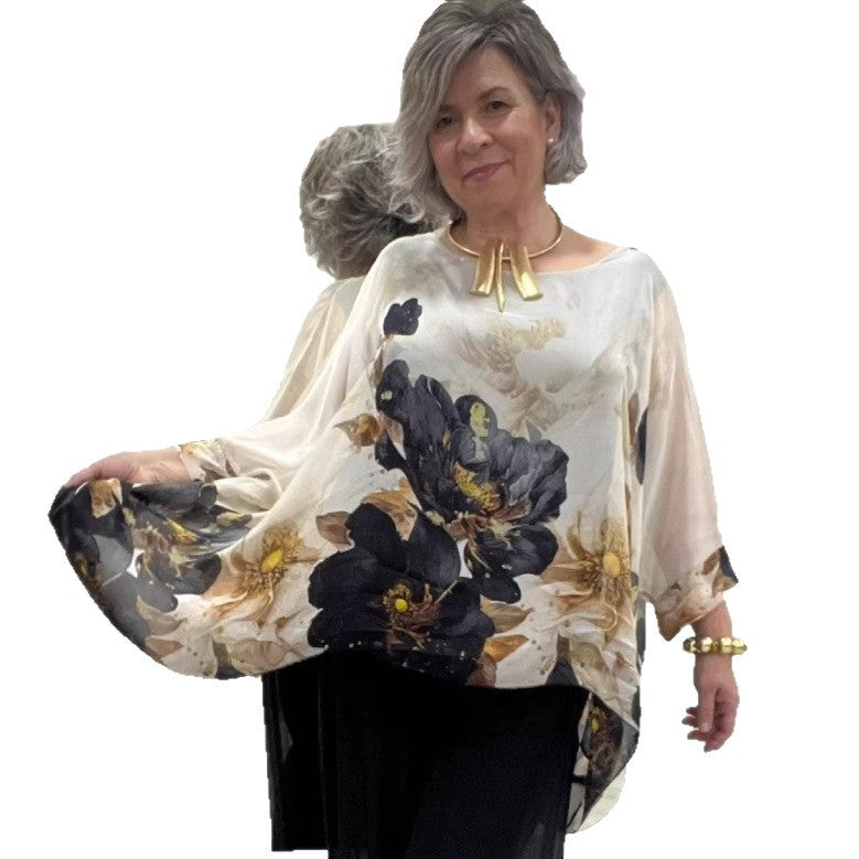 Ladies nan elegant chiffon tunic with bat sleeves and asymmetrical hem Mune Fashion