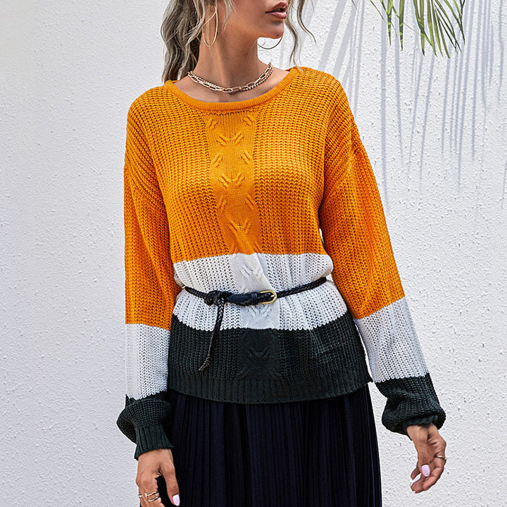 Women's Colorblock Slouchy Knit Sweater with Cable Mix and Drop Shoulder Mune Fashion