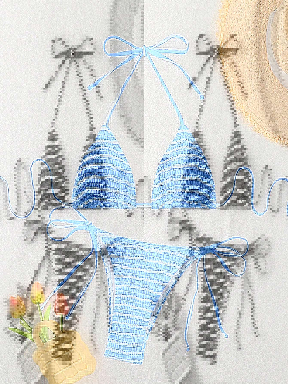 Women triangle bikini with fine stripe pattern and sophisticated tie straps Mune Fashion