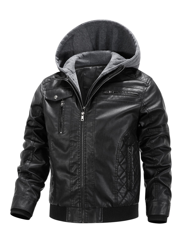 Men's Faux Leather Biker Jacket with Removable Hood Panel and Quilted Side Panels Mune Fashion