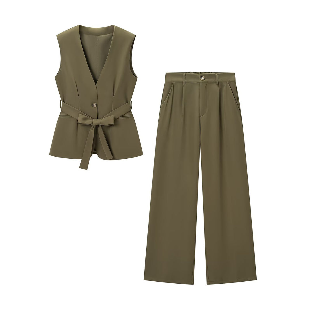 Women's Two-Piece Tailored Vest and Pants Set with Ties and Wide Leg Trousers