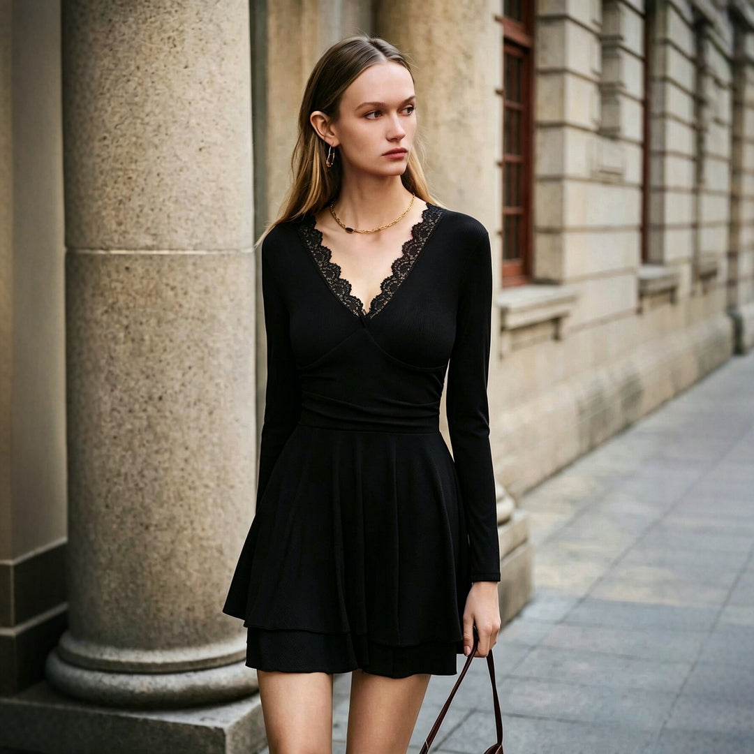 Women's elegant waist-defining midi dress with lace V-neck, shaping bustier seam, and tiered ruffled skirt Mune Fashion