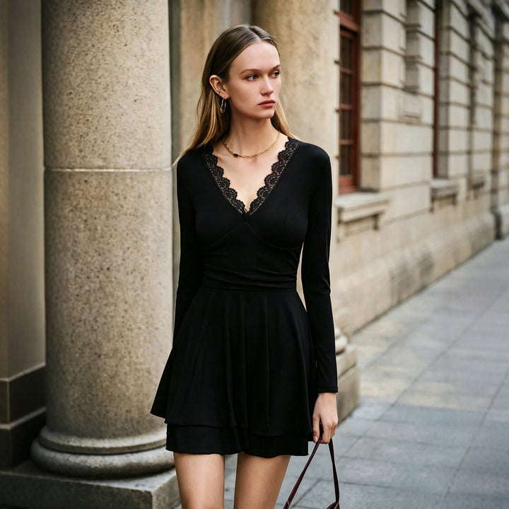 Women's elegant waist-defining midi dress with lace V-neck, shaping bustier seam, and tiered ruffled skirt Mune Fashion