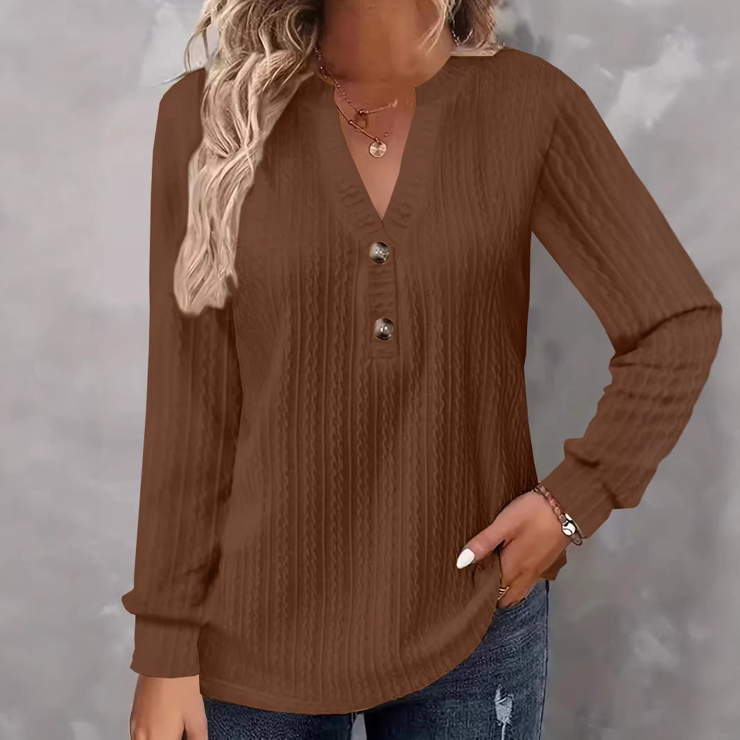 Women Structured V-Neck Long Sleeve Shirt with Decorative Button Placket Mune Fashion