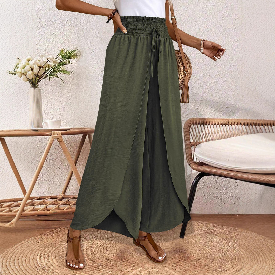 Ladies nan wrap maxi skirt with high smocked waistband and integrated palazzo pants lining Mune Fashion