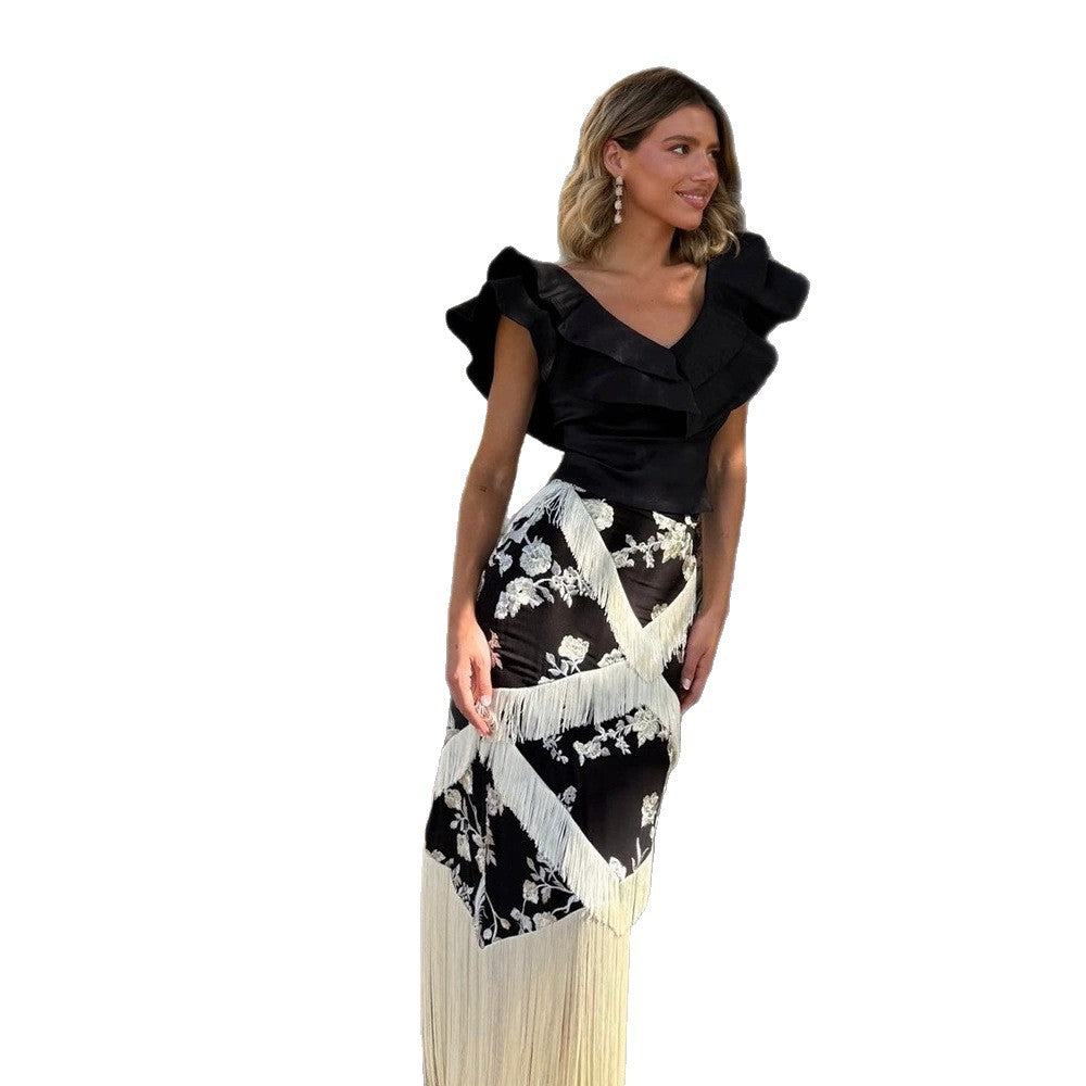 Women's Maxi Skirt with Floral Print & Layered Fringe Details Mune Fashion