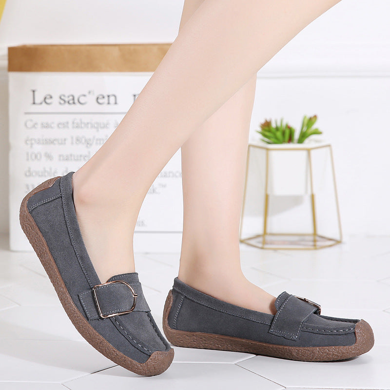 Women's moccasin slippers made of suede leather with decorative metal buckle, padded footbed, and non-slip rubber outsole Mune Fashion