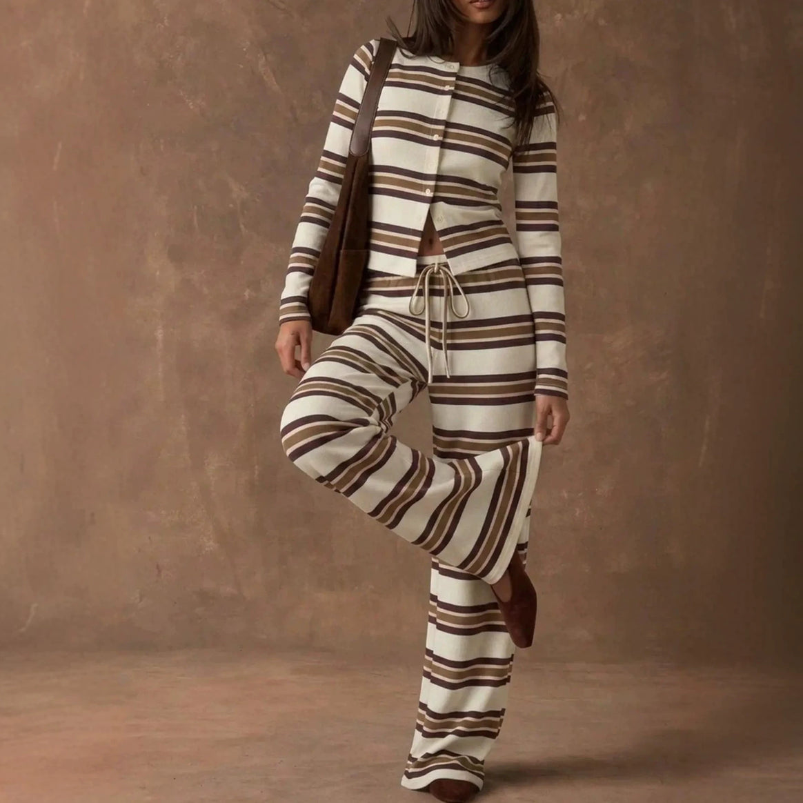 Ladies Striped Knit Lounge Set with Tailored Button Cardigan and Wide Palazzo Pants Mune Fashion