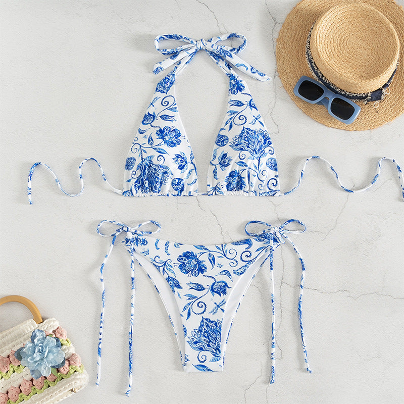 Ladies Triangle Bikini Set with playful floral design and elegant ties Mune Fashion