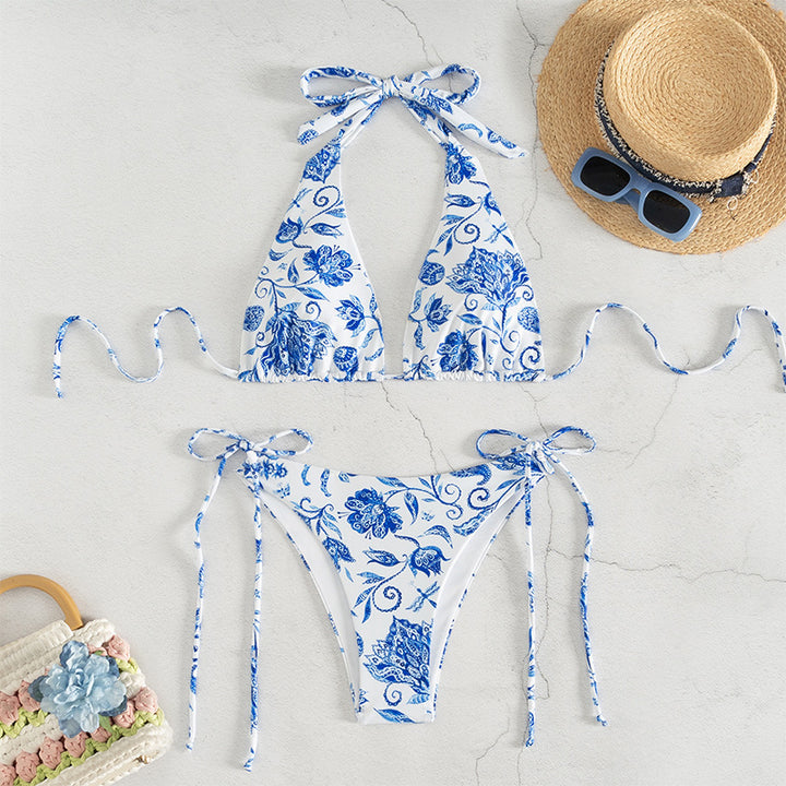 Ladies Triangle Bikini Set with playful floral design and elegant ties Mune Fashion