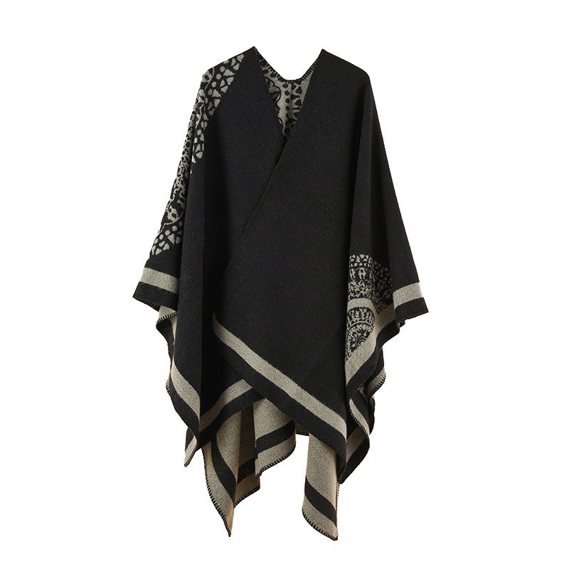 Women's Oversized Knit Poncho with Pattern Trim and Asymmetrical Hem Mune Fashion