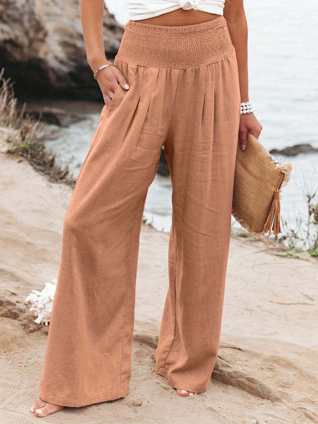 Women's Wide Linen Pants with Smocked Band and Side Pockets Mune Fashion