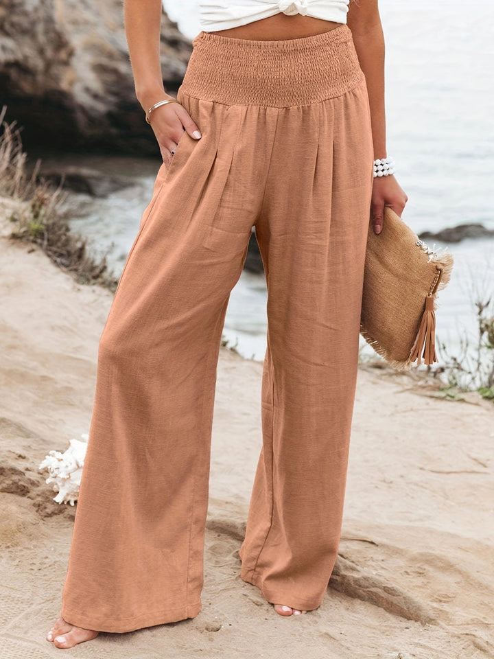 Women's Wide Linen Pants with Smocked Band and Side Pockets Mune Fashion